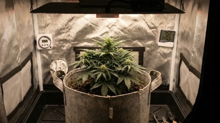 Kompakte Autoflower-Cannabispflanze in einem 15-Liter-Stofftopf unter dimmbarer LED-Lampe im Growzelt