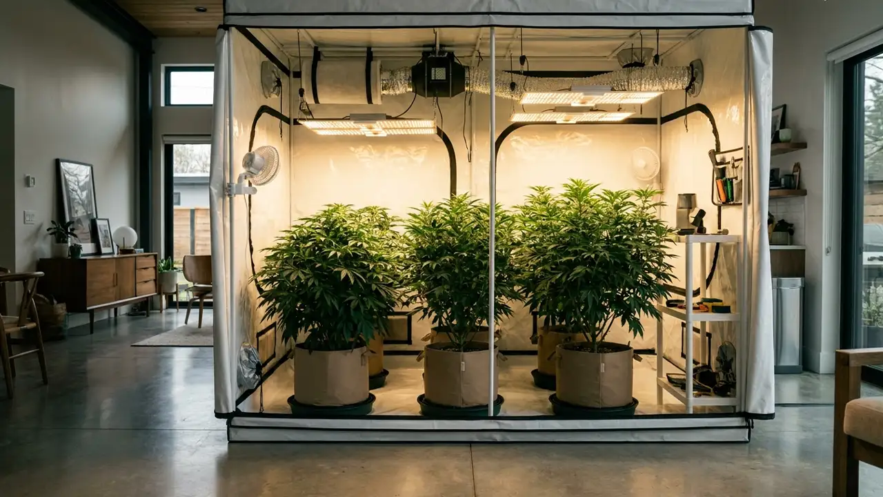 Drei Cannabis-Pflanzen in Stofftöpfen unter LED-Beleuchtung in einem weißen Growzelt