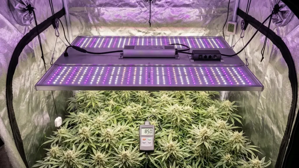 Vollspektrum-LED-Quantum-Board hängt über grünem Pflanzenbaldachin im Growzelt, PPFD-Messgerät sichtbar