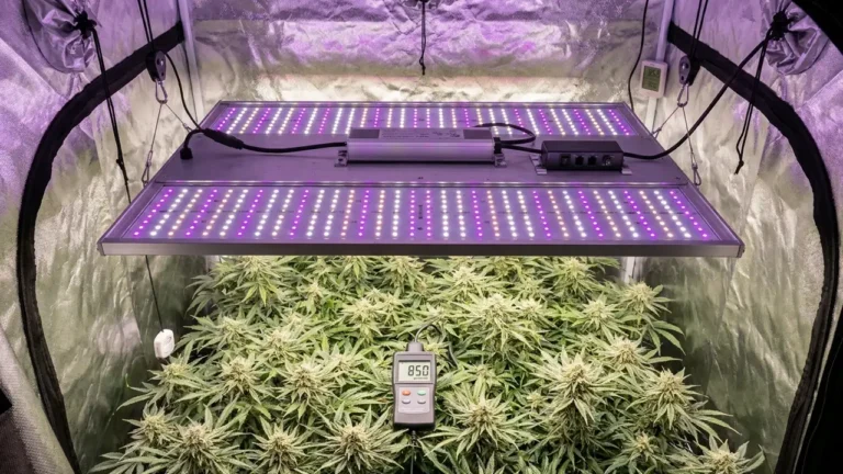 Vollspektrum-LED-Quantum-Board hängt über grünem Pflanzenbaldachin im Growzelt, PPFD-Messgerät sichtbar