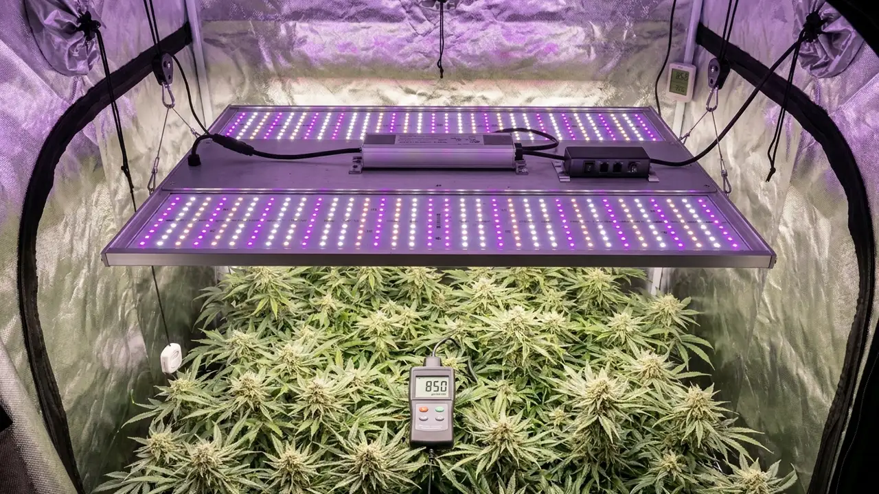 Vollspektrum-LED-Quantum-Board hängt über grünem Pflanzenbaldachin im Growzelt, PPFD-Messgerät sichtbar