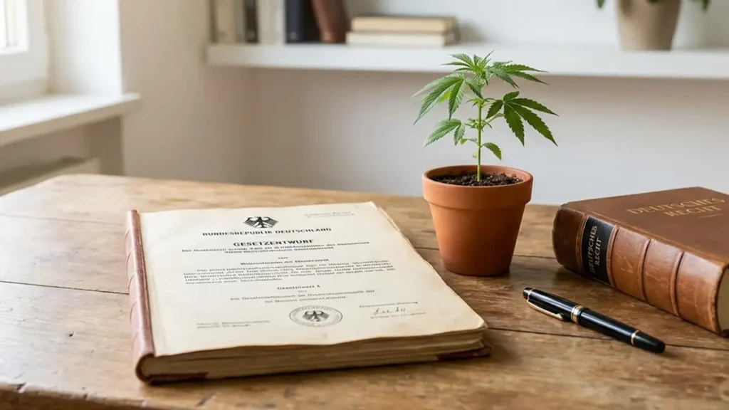 Deutsches Rechtsdokument neben einem Cannabis-Sämling auf einem Holzschreibtisch am Fenster