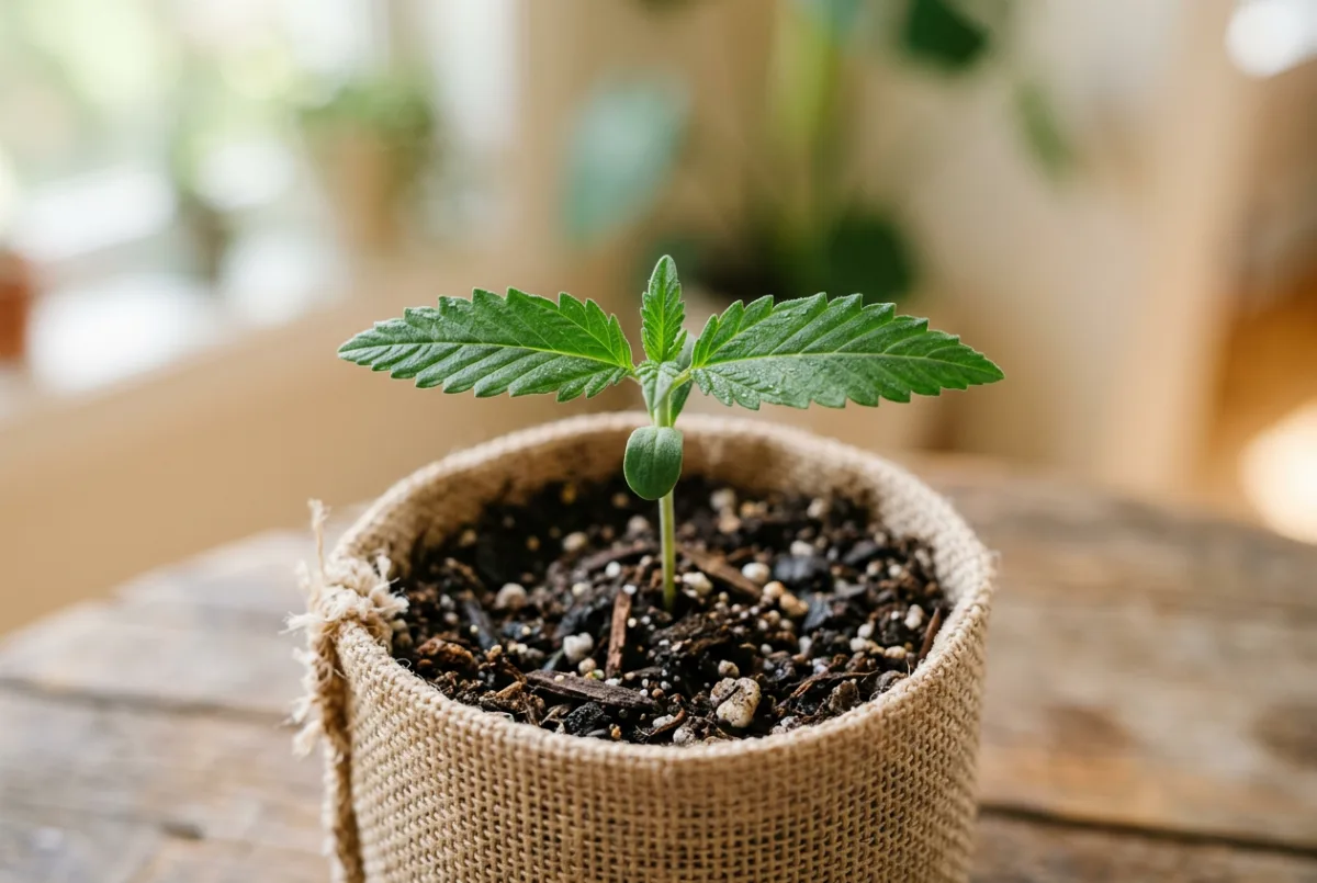 Autoflower anbauen: junger Cannabis-Sämling mit ersten Blättern im Topf