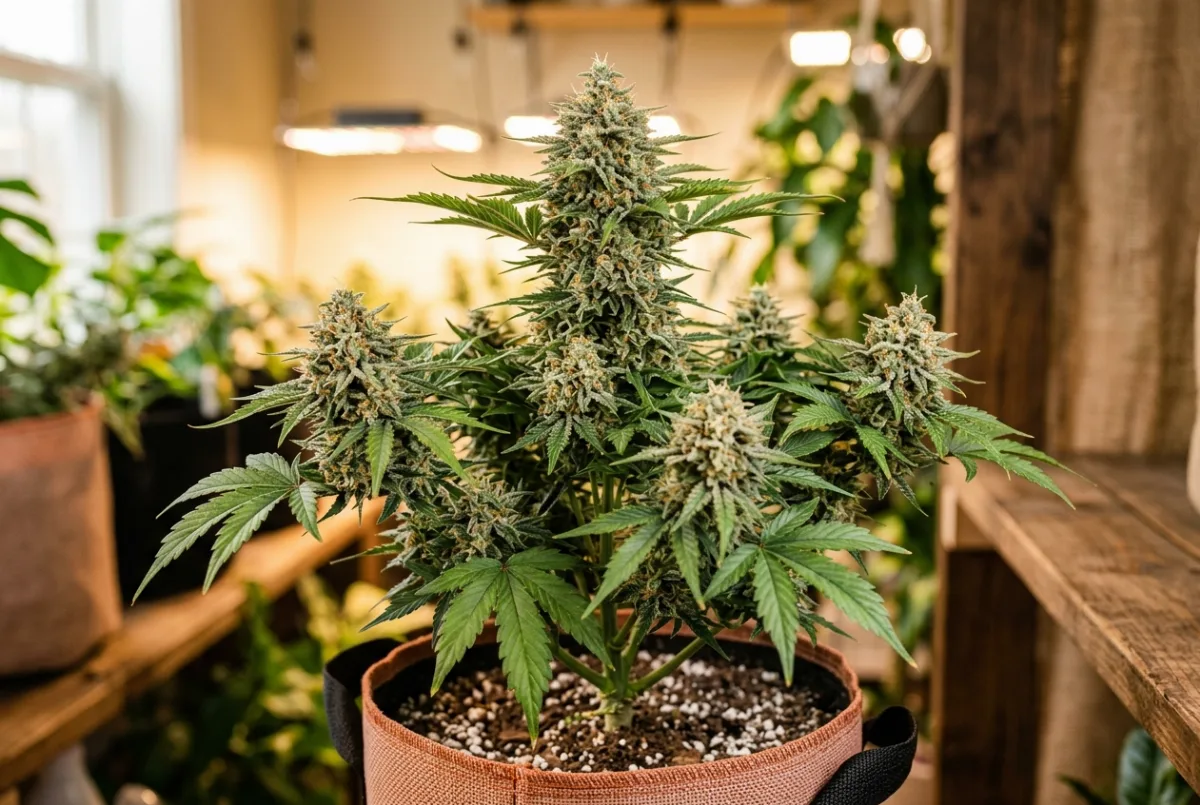 Autoflower-Cannabis-Pflanze in der Blütephase mit harzigen Blüten
