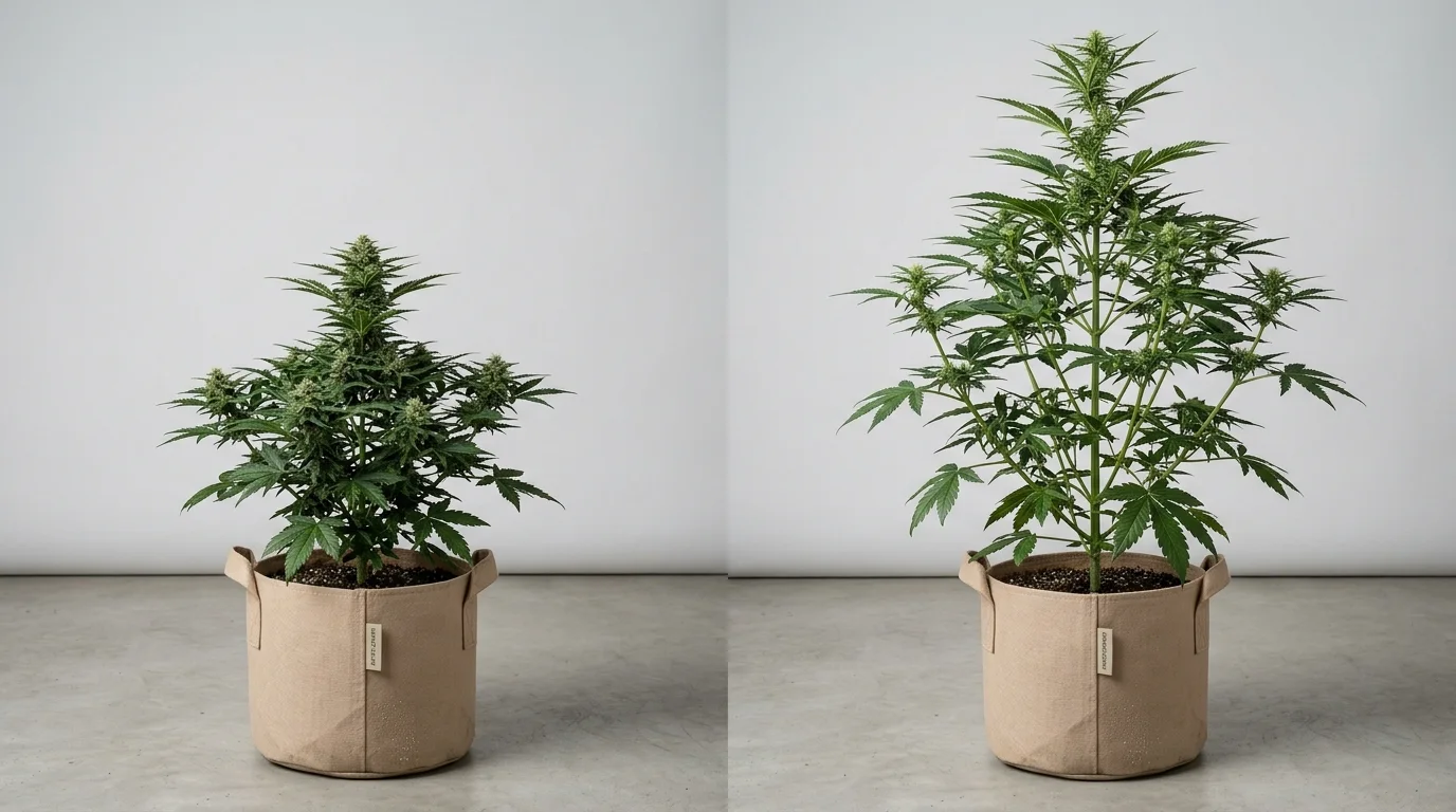 Autoflower vs. photoperiodisch: kompakte Autoflower-Pflanze links, große photoperiodische Pflanze rechts im Vergleich