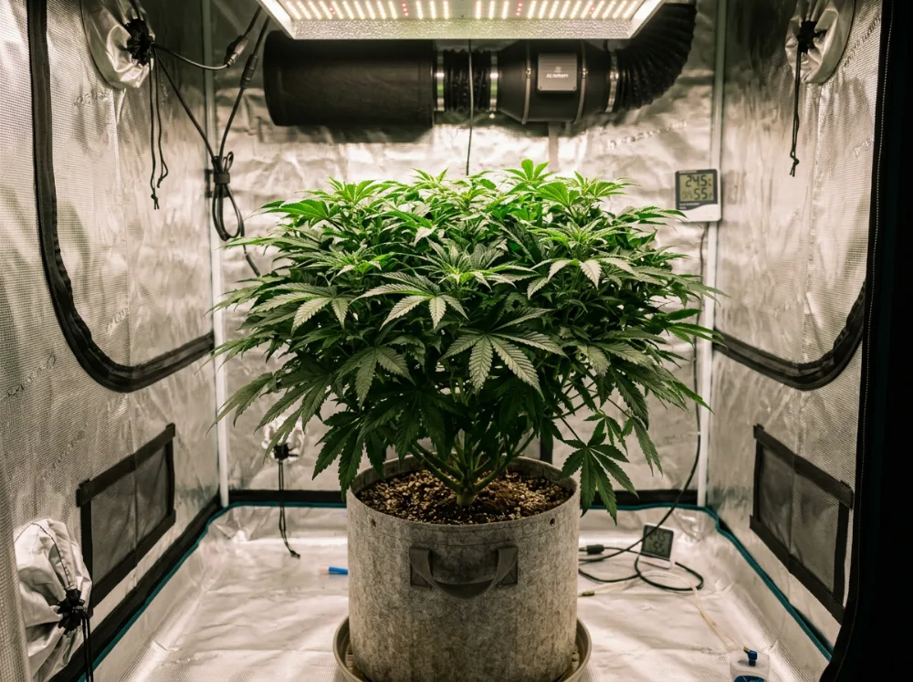 Cannabis anbauen: kräftige grüne Pflanze im Growzelt zuhause