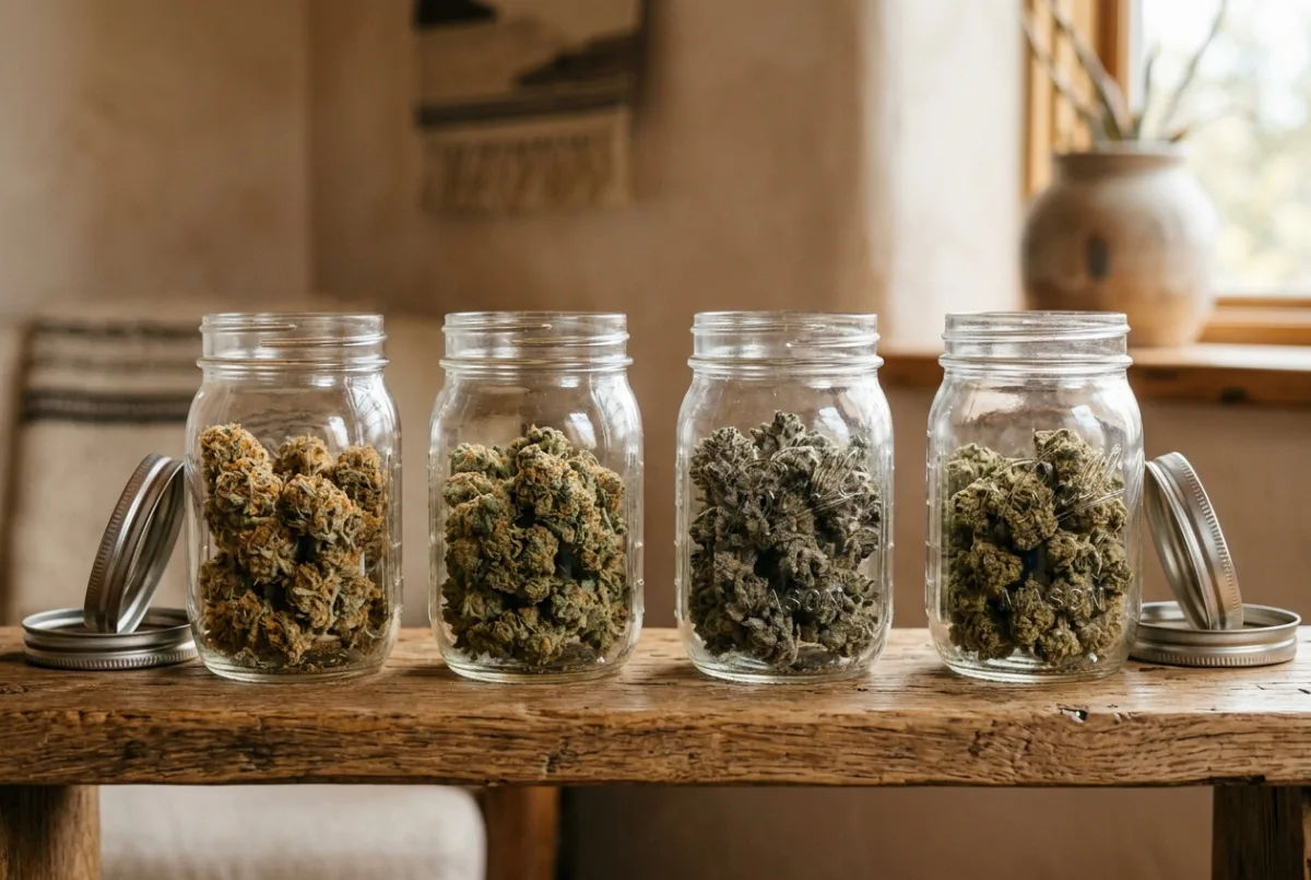 Getrocknete Cannabis-Blüten reifen beim Curing in Glasbehältern
