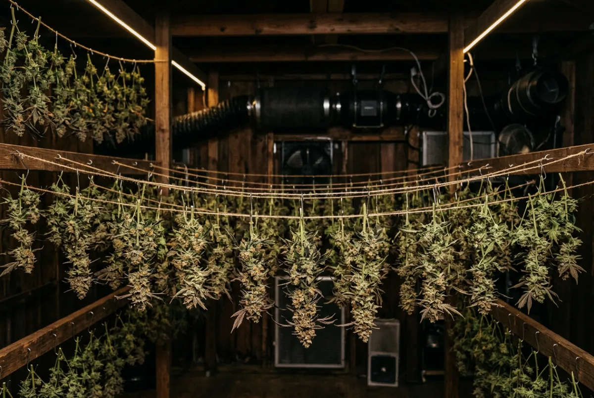 Cannabis-Zweige hängen zum Trocknen in einem dunklen, belüfteten Raum