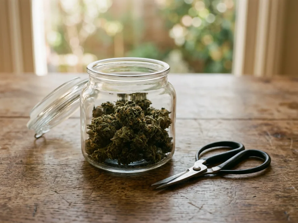 Cannabis-Ernte: getrocknete Blüten im Glas neben einer Schere