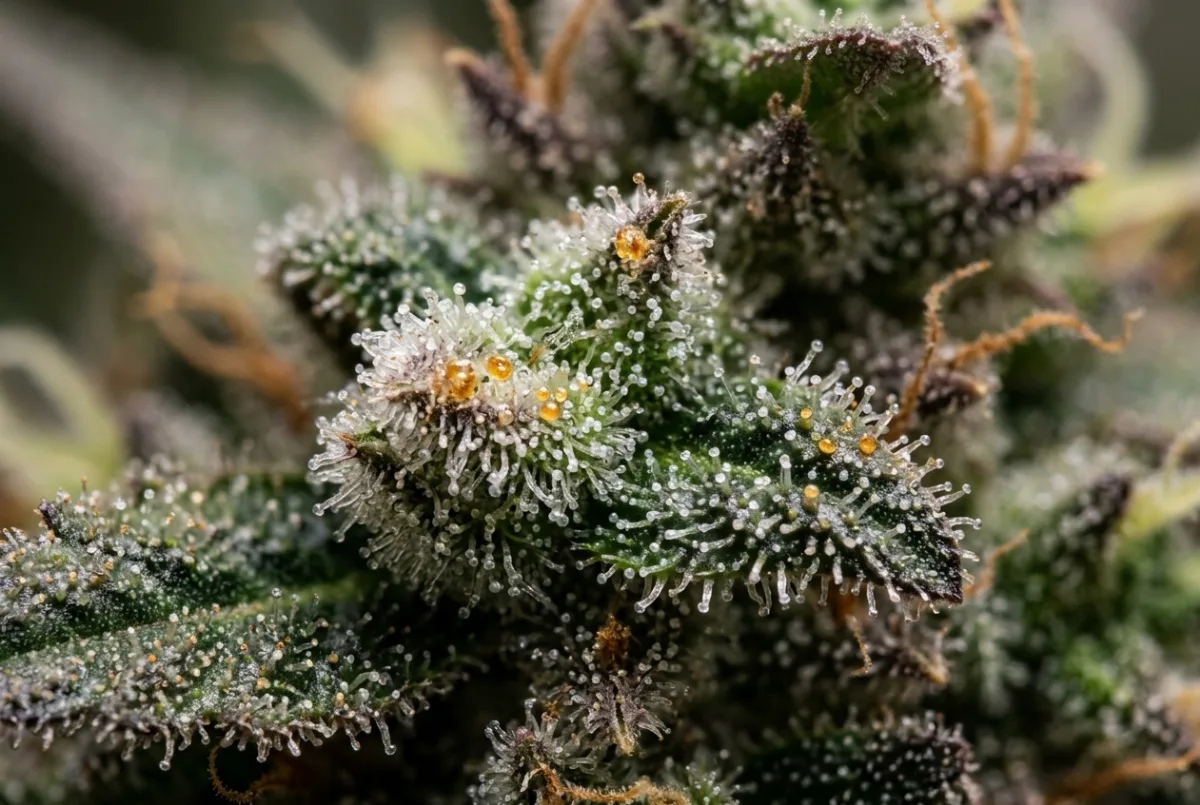 Cannabis ernten: Trichome mit milchig-weißen und bernsteinfarbenen Köpfchen unter der Lupe