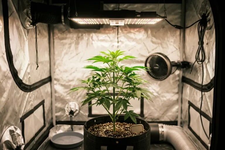 Junge Cannabis-Pflanze im Indoor-Growzelt unter LED-Beleuchtung
