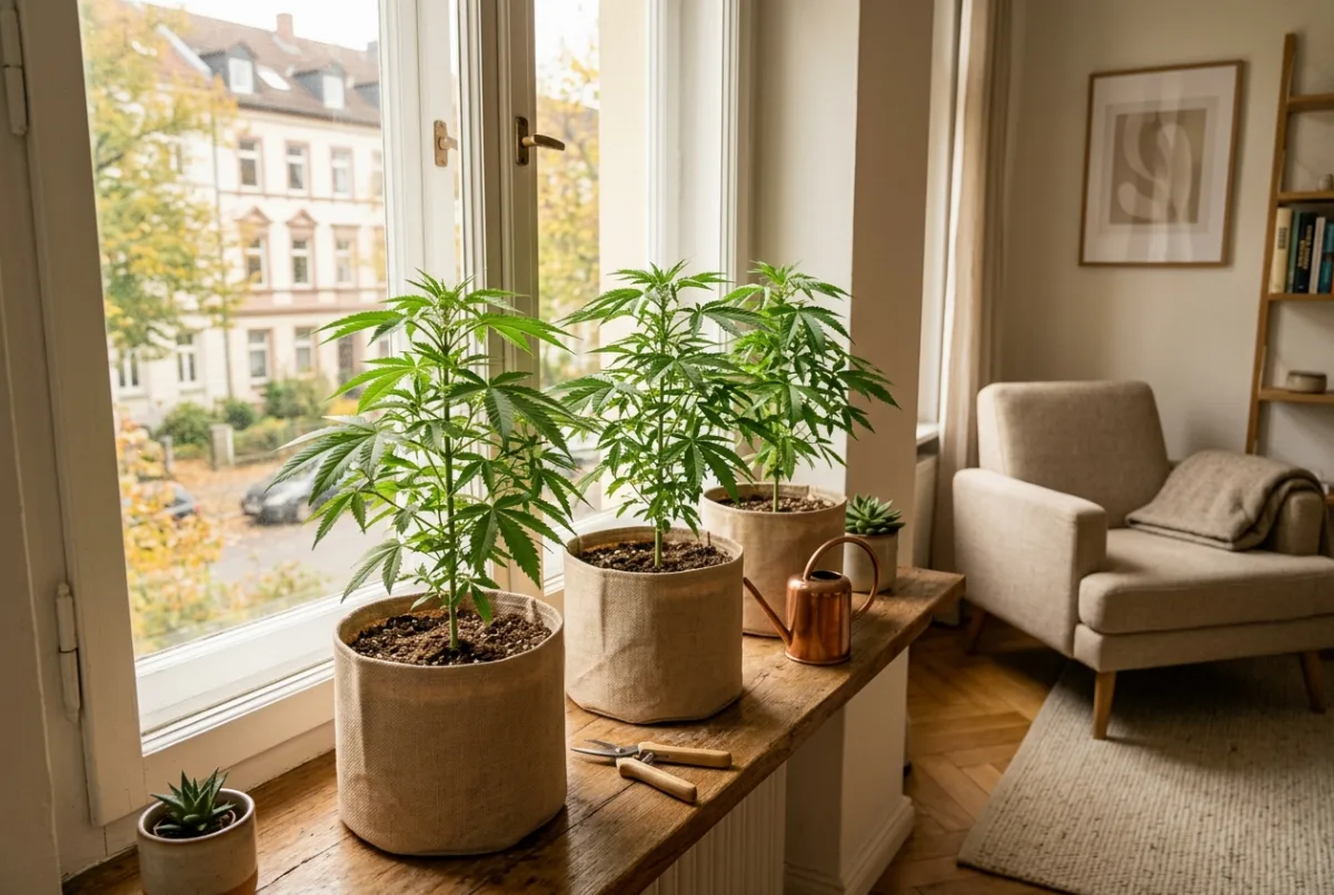 Cannabis legal anbauen: junge Pflanzen im Eigenanbau am Fenster einer Wohnung