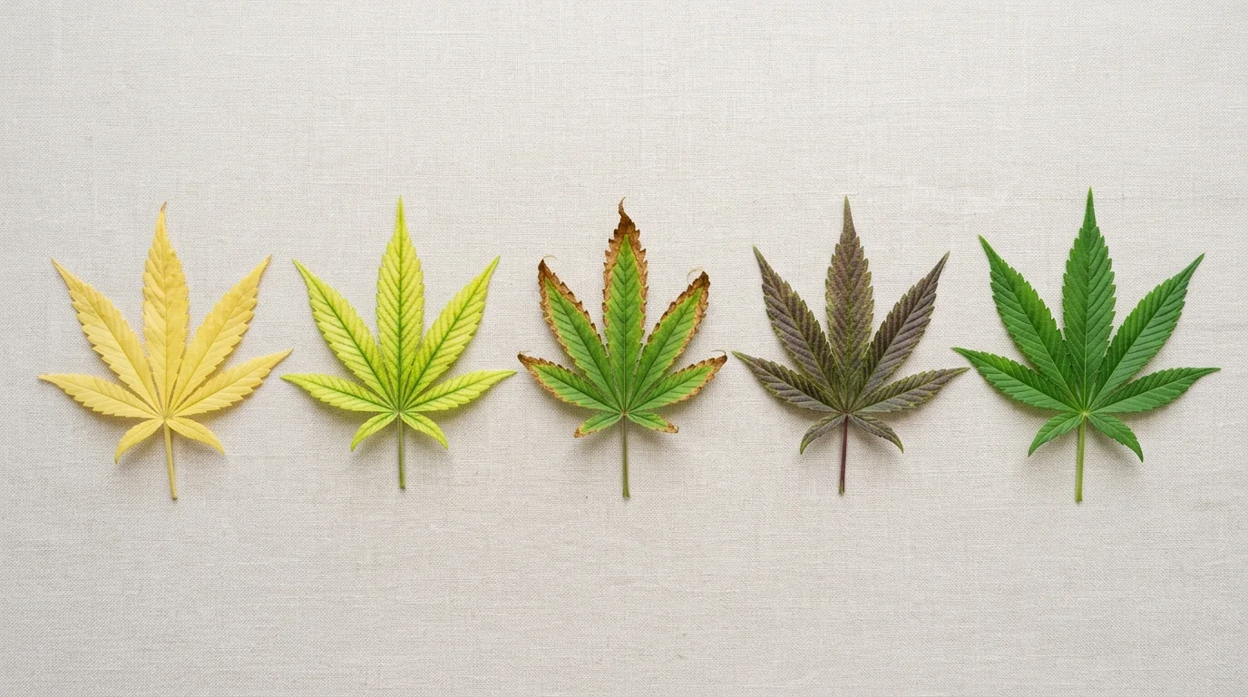 Cannabis Nährstoffmangel: fünf Blätter mit unterschiedlichen Mangelsymptomen im Vergleich