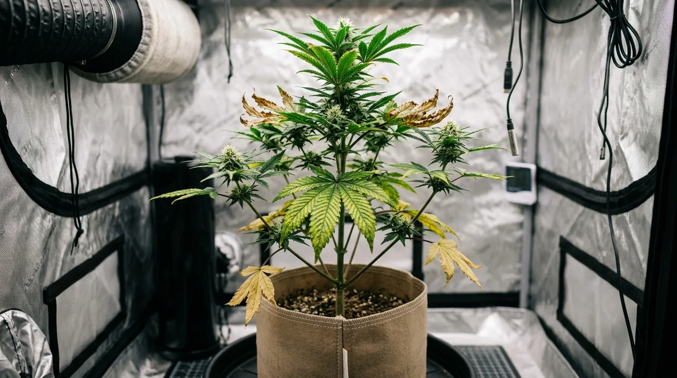 Cannabis Nährstoffmangel: Pflanze mit gelben, vergilbten und braun verbrannten Blättern im Vergleich