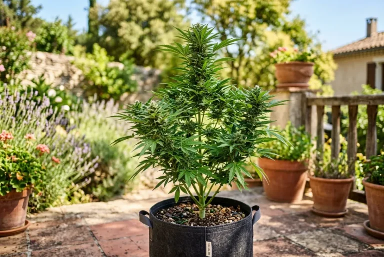 Gesunde Cannabis-Pflanze beim Outdoor-Anbau im Topf auf einer sonnigen Terrasse