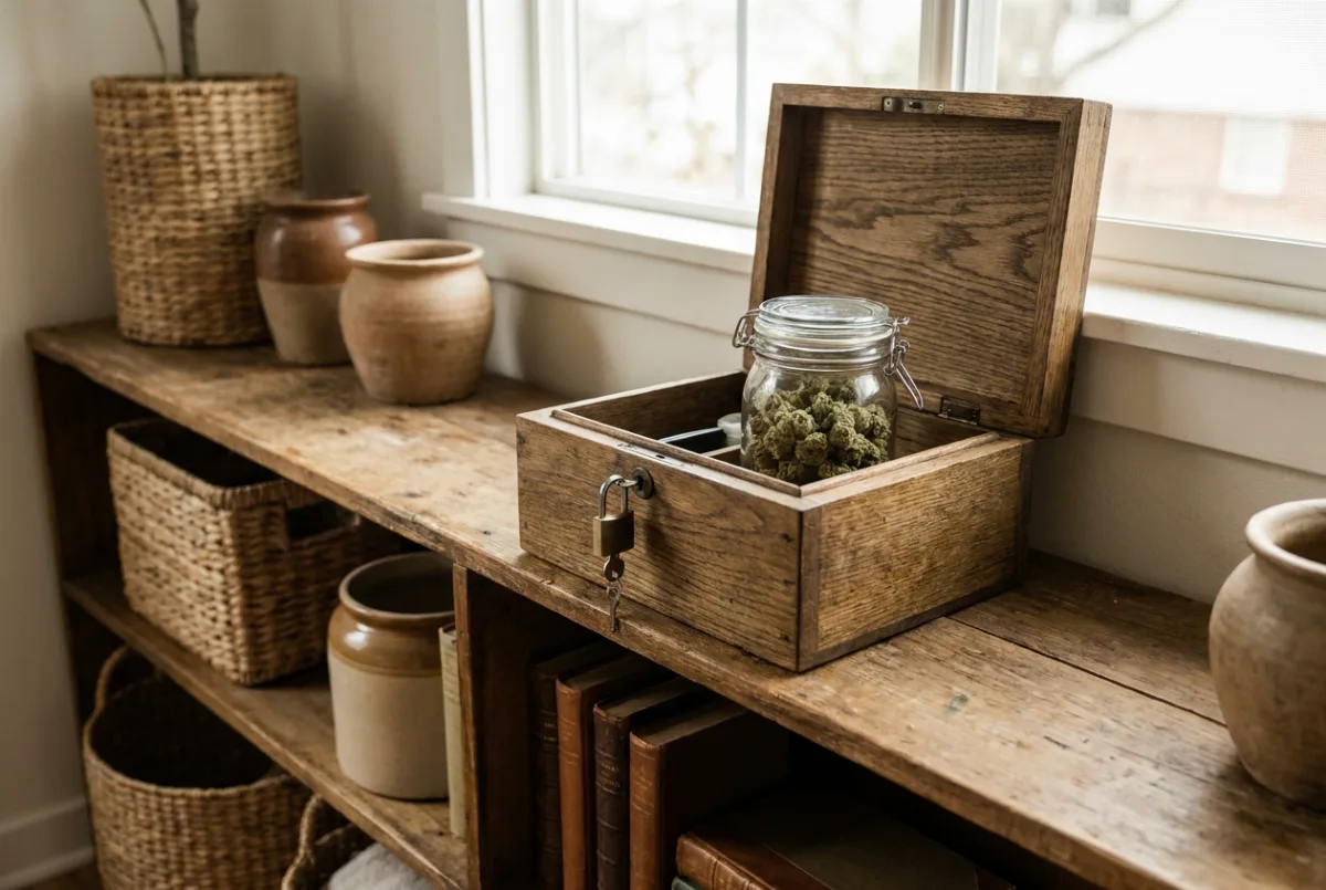 Getrocknetes Cannabis sicher und jugendgeschützt in einem abschließbaren Behälter aufbewahrt