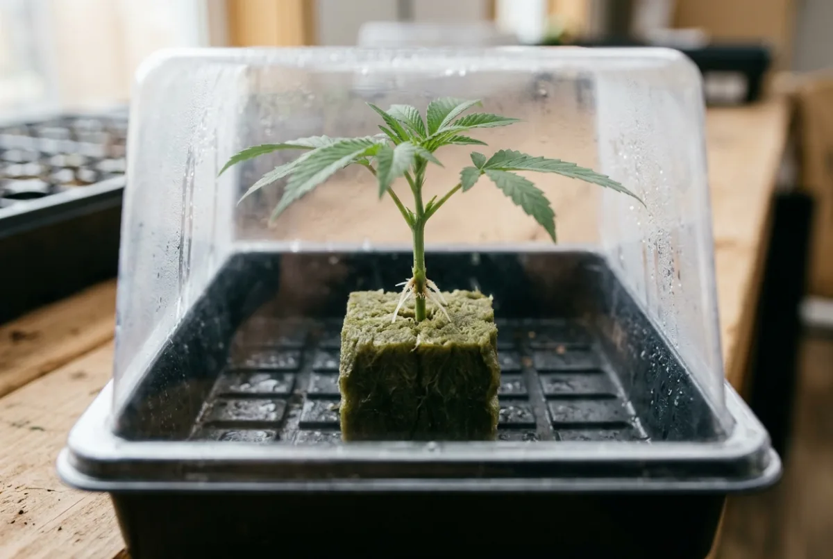Cannabis-Steckling im Anzuchtwürfel mit ersten Wurzeln