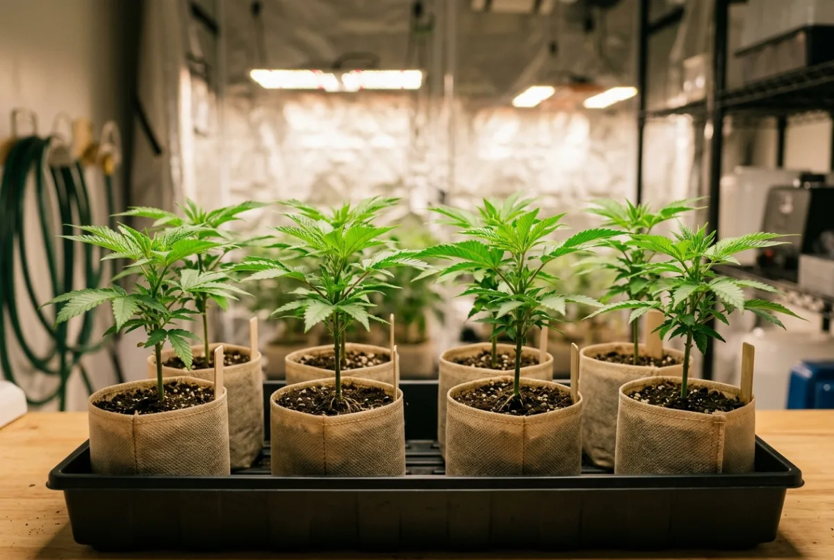 Bewurzelte junge Cannabis-Stecklinge in kleinen Töpfen
