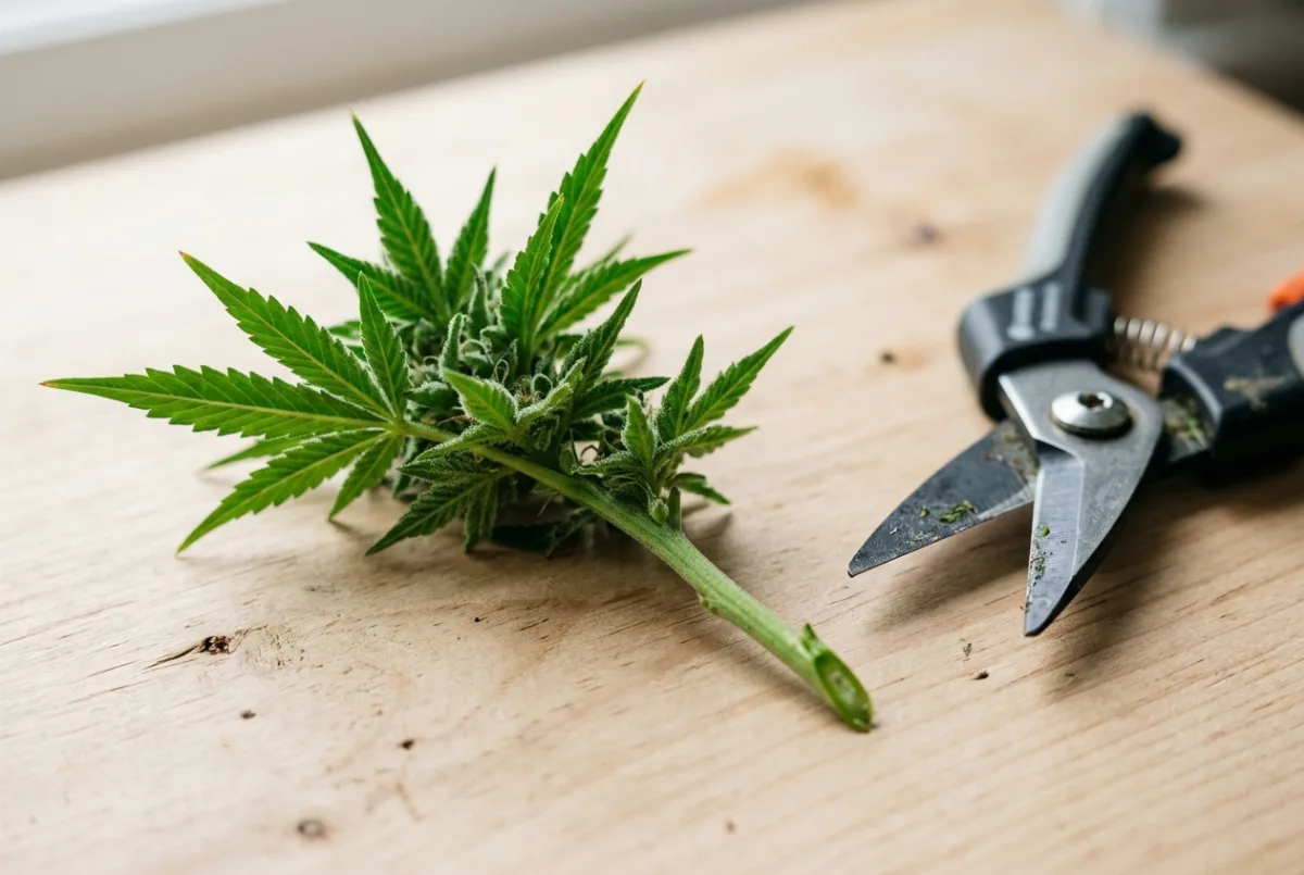 Cannabis-Stecklinge ziehen: frischer grüner Steckling neben einer Schere