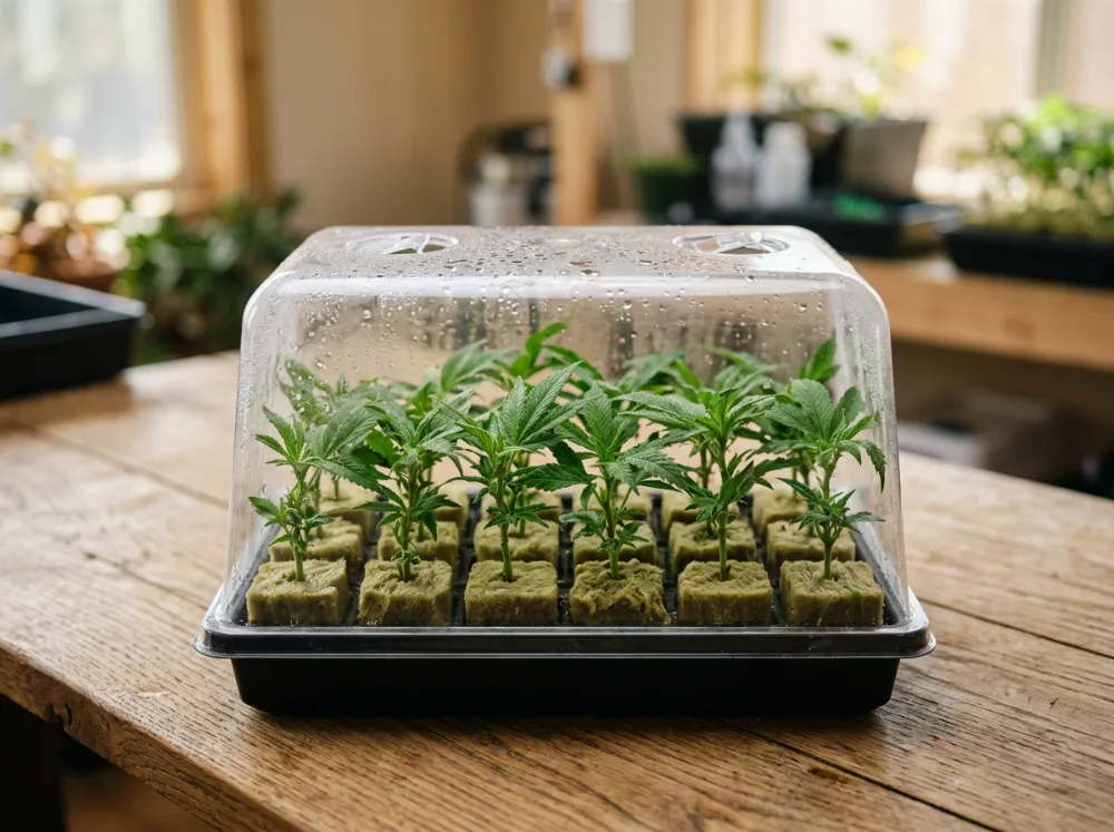 Cannabis vermehren: Stecklinge in Anzuchtwürfeln unter der Haube