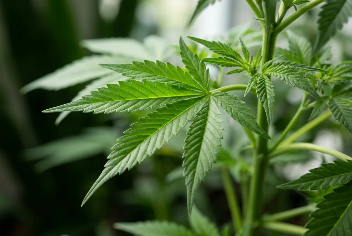 Gesunde, sattgrüne Cannabis-Blätter als Vergleich