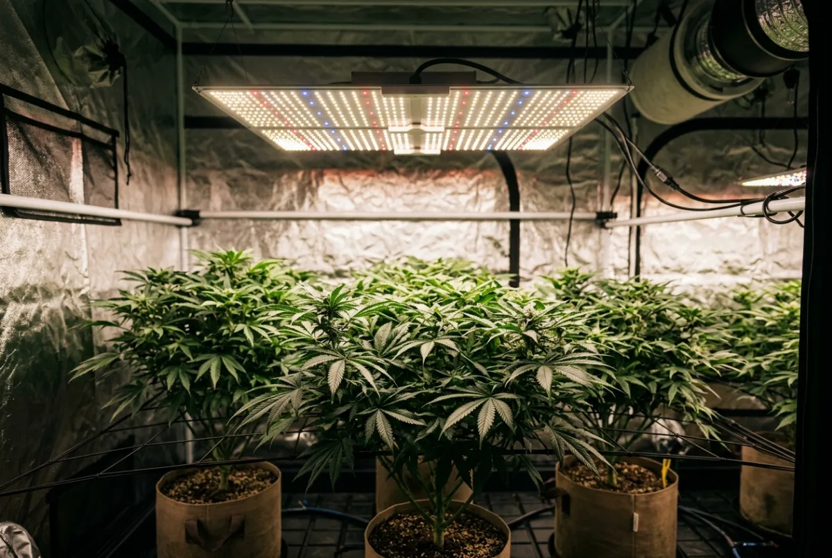 Grow-Beleuchtung: LED-Panel über gesunden Cannabis-Pflanzen im Growzelt