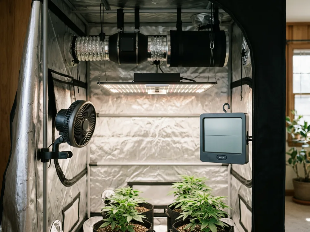 Grow-Technik: LED-Lampe, Ventilator und Filter im Growzelt