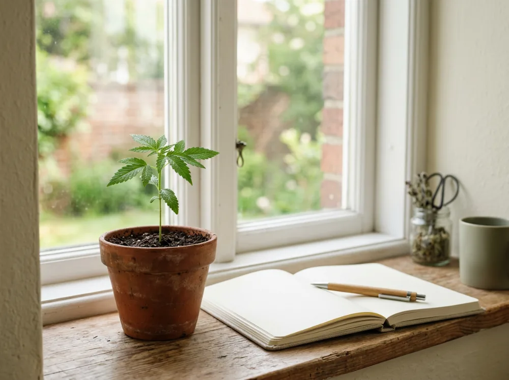 Cannabis-Grundlagen: junger Sämling am Fenster neben Notizbuch
