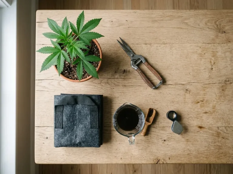 Alle Themen: Grow-Zubehör und Pflanze von oben auf einem Holztisch