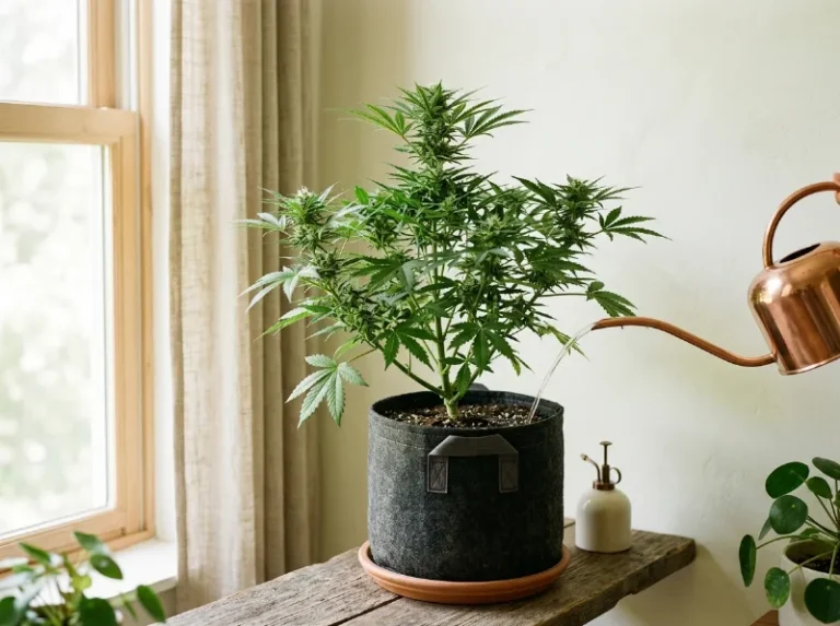 Cannabis anbauen: gesunde Pflanze im Stofftopf wird gegossen