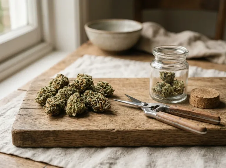 Ernte: getrocknete Blüten mit Schere und Glas zum Curing
