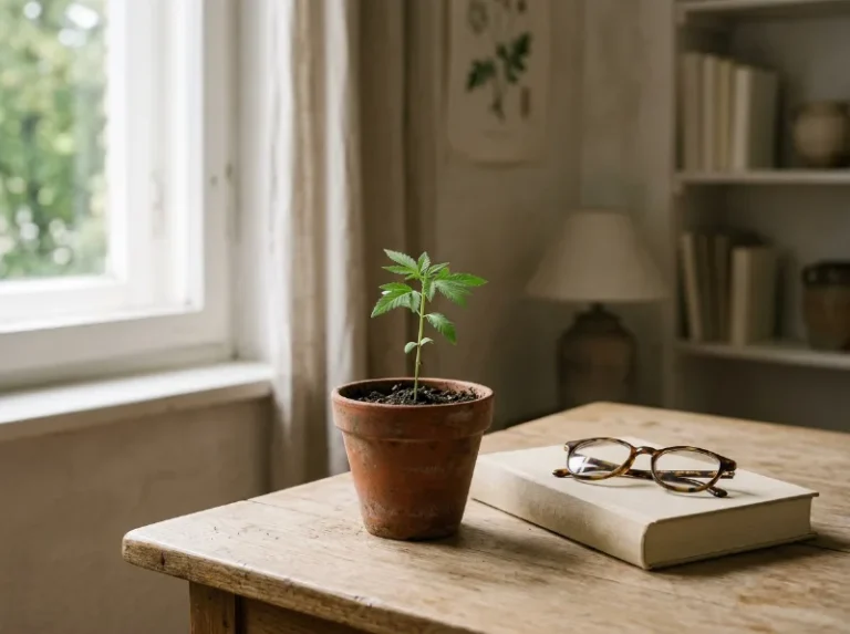 Grundlagen: Cannabis-Sämling neben Buch und Lesebrille