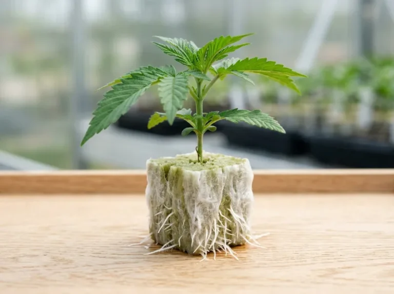 Vermehrung: Cannabis-Steckling mit ersten Wurzeln im Anzuchtwürfel