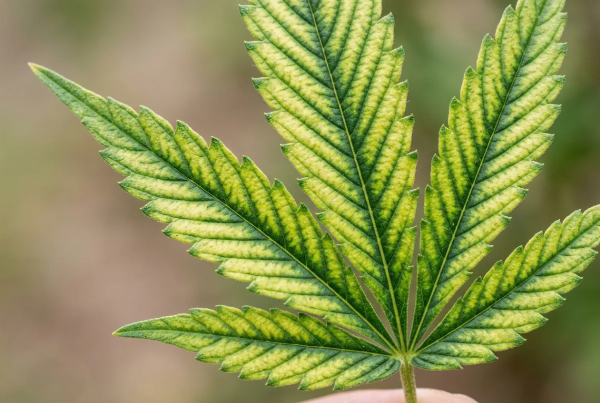 Magnesiummangel: Cannabis-Blatt vergilbt zwischen den grünen Blattadern