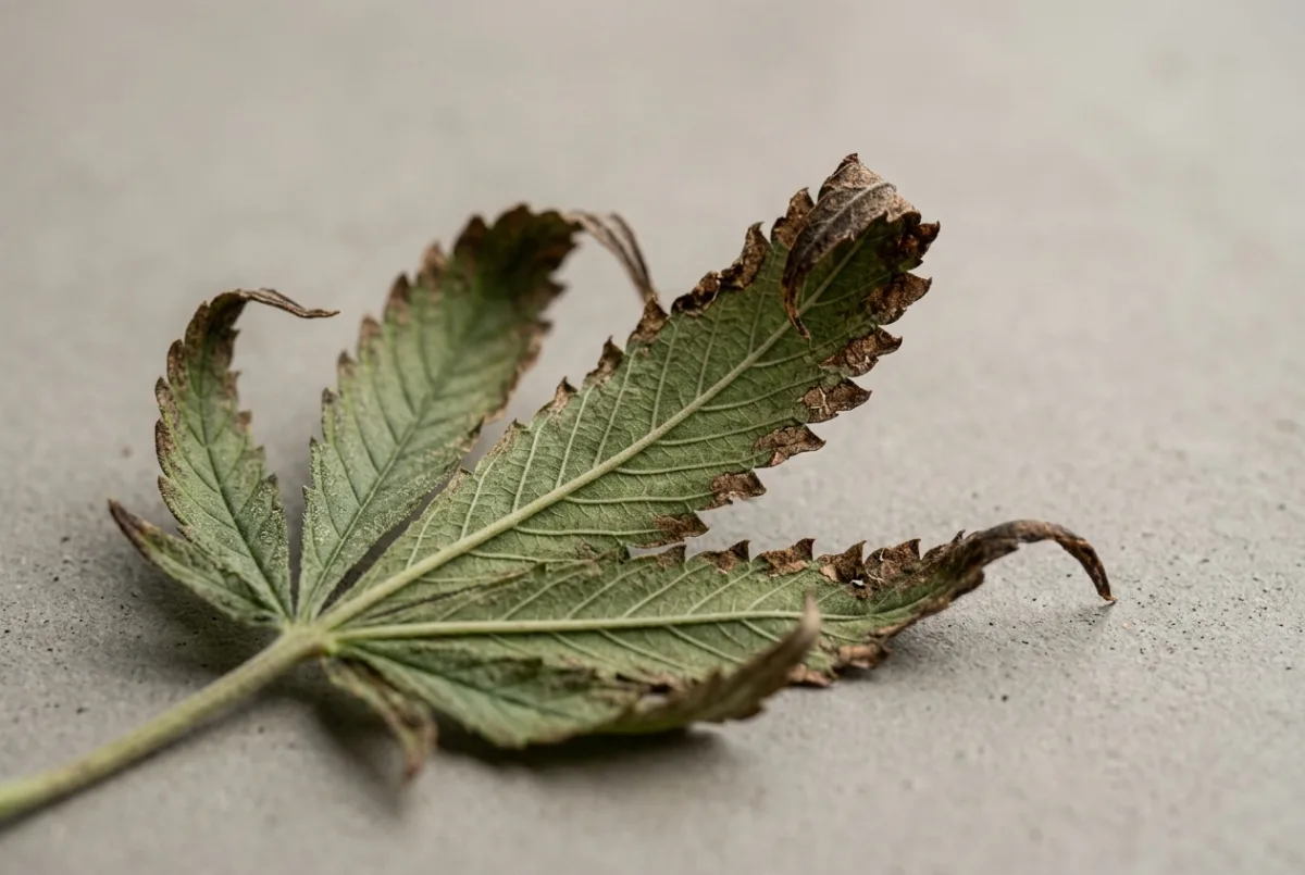 Nährstoffbrand: braune, verbrannte Blattspitzen und -ränder am Cannabis-Blatt