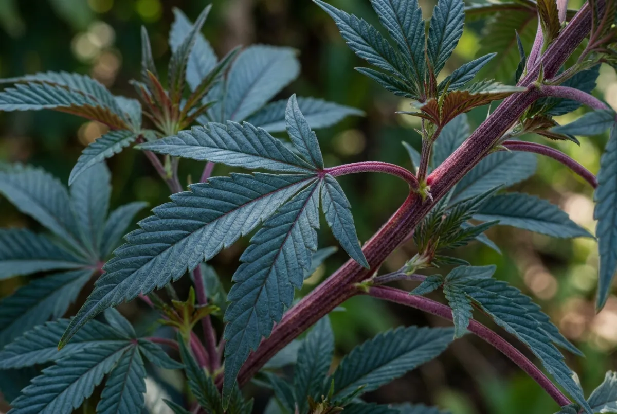 Phosphormangel: dunkle Blätter mit lila Stielen an der Cannabis-Pflanze