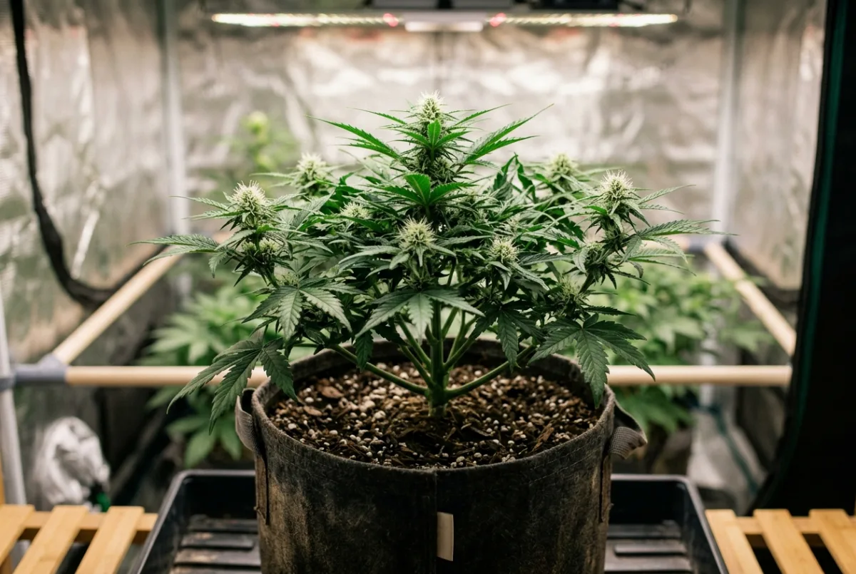 Autoflower in der frühen Blütephase mit ersten weißen Blütenhärchen