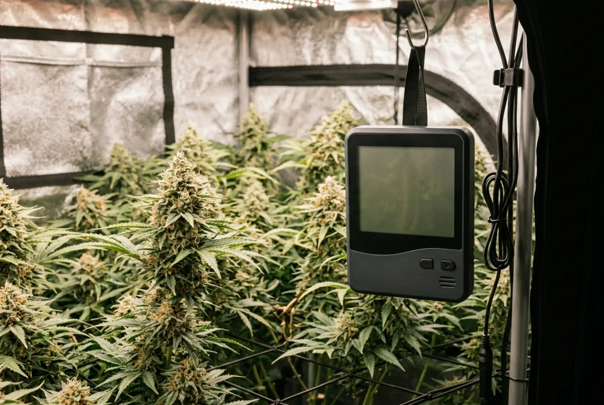 Thermo-Hygrometer im Growzelt neben blühenden Cannabis-Pflanzen