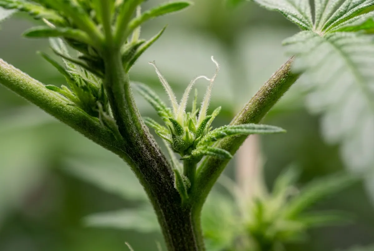 Erste weiße Blütenhärchen am Cannabis-Trieb in Woche 1 bis 2