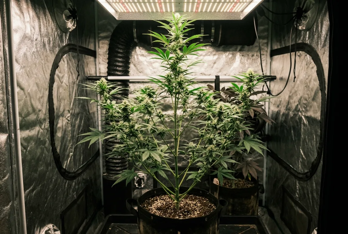 Cannabis-Pflanze im Streckungswachstum der frühen Blütephase