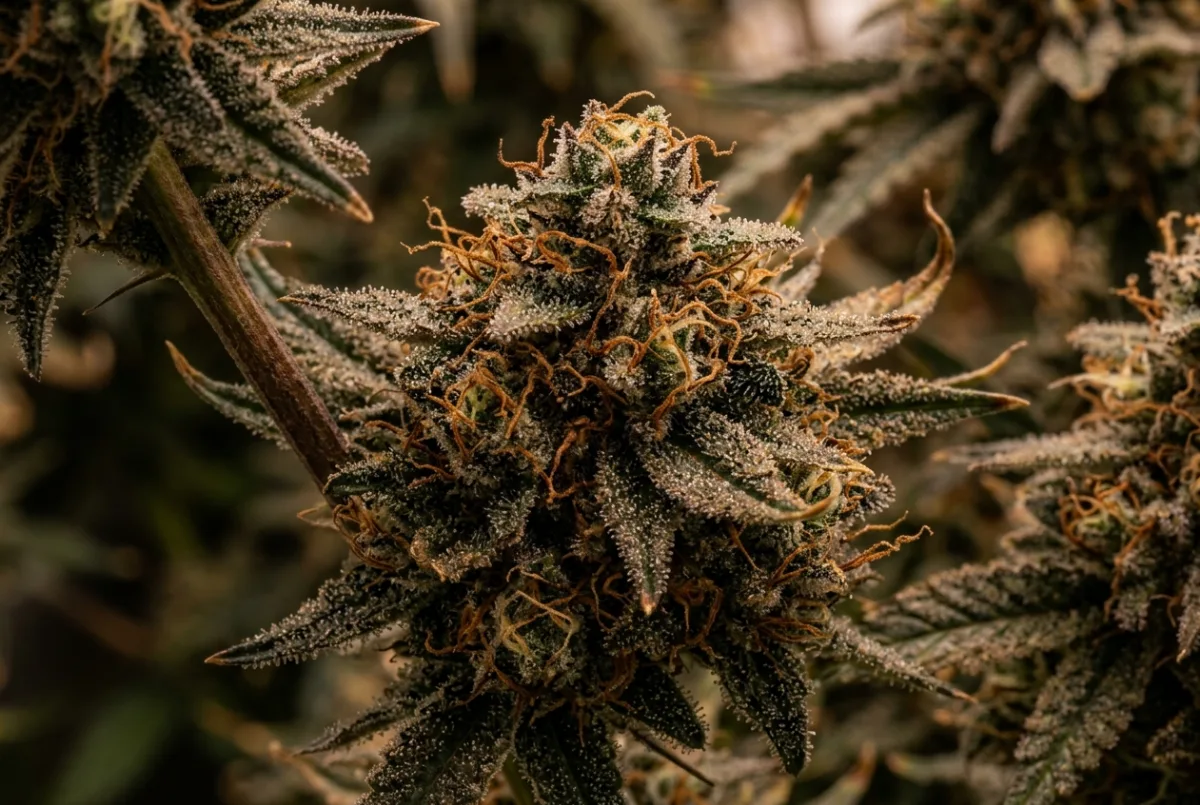 Reife Cannabis-Blüte mit braunen Blütenhärchen und viel Harz