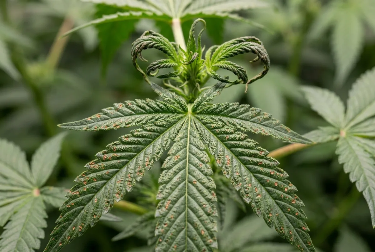 Calciummangel: rostbraune Flecken auf einem Cannabis-Blatt