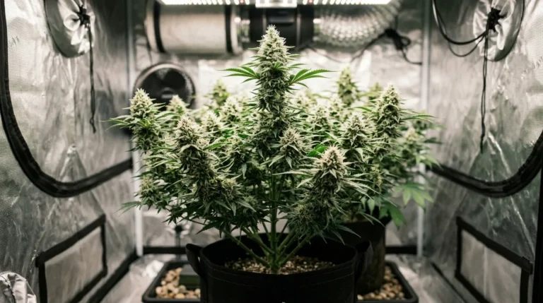 Cannabis Blütephase: blühende Pflanze mit dichten Blüten im Growzelt