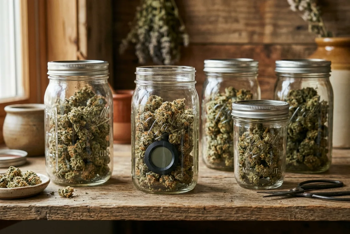 Cannabis-Blüten reifen beim Curing in Gläsern mit Hygrometer