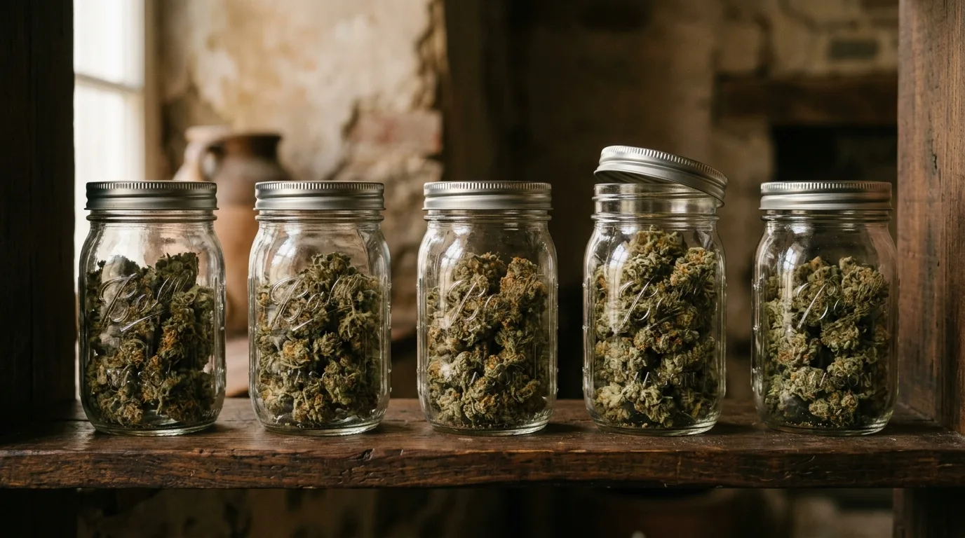 Cannabis Curing: Gläser mit getrockneten Blüten reifen im Regal