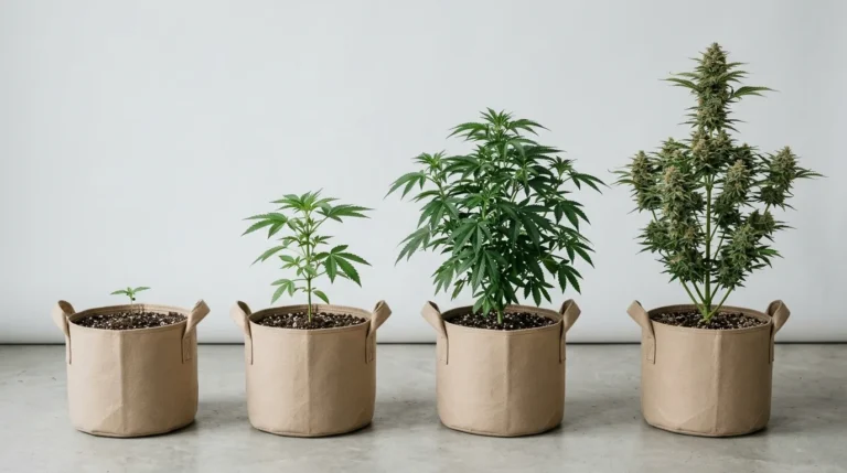 Cannabis Grow Dauer: vier Pflanzen in verschiedenen Wachstumsstadien nebeneinander