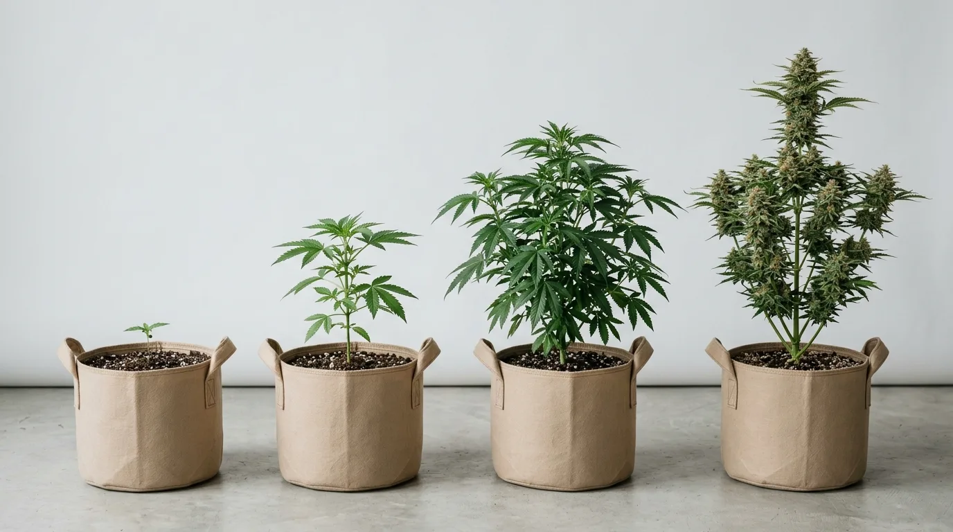 Cannabis Grow Dauer: vier Pflanzen in verschiedenen Wachstumsstadien nebeneinander