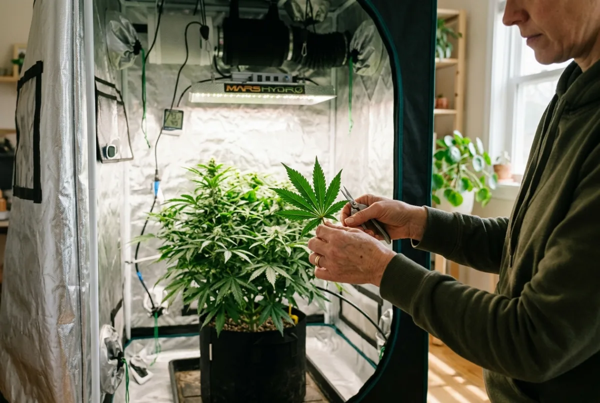 Pflege im Alltag: Blätter einer Cannabis-Pflanze werden kontrolliert
