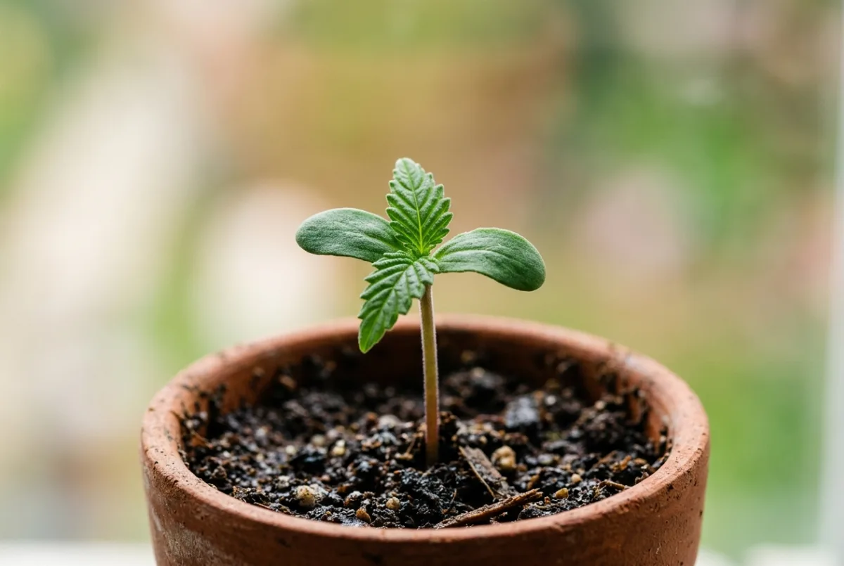 Junger Cannabis-Sämling mit Keimblättern und ersten gezähnten Blättern