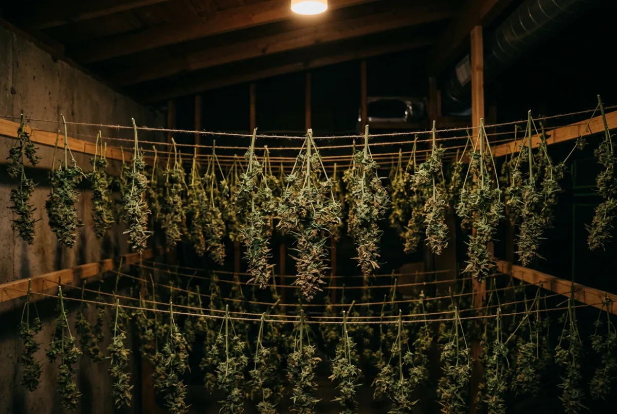 Cannabis-Zweige hängen zum Trocknen in einem dunklen, belüfteten Raum